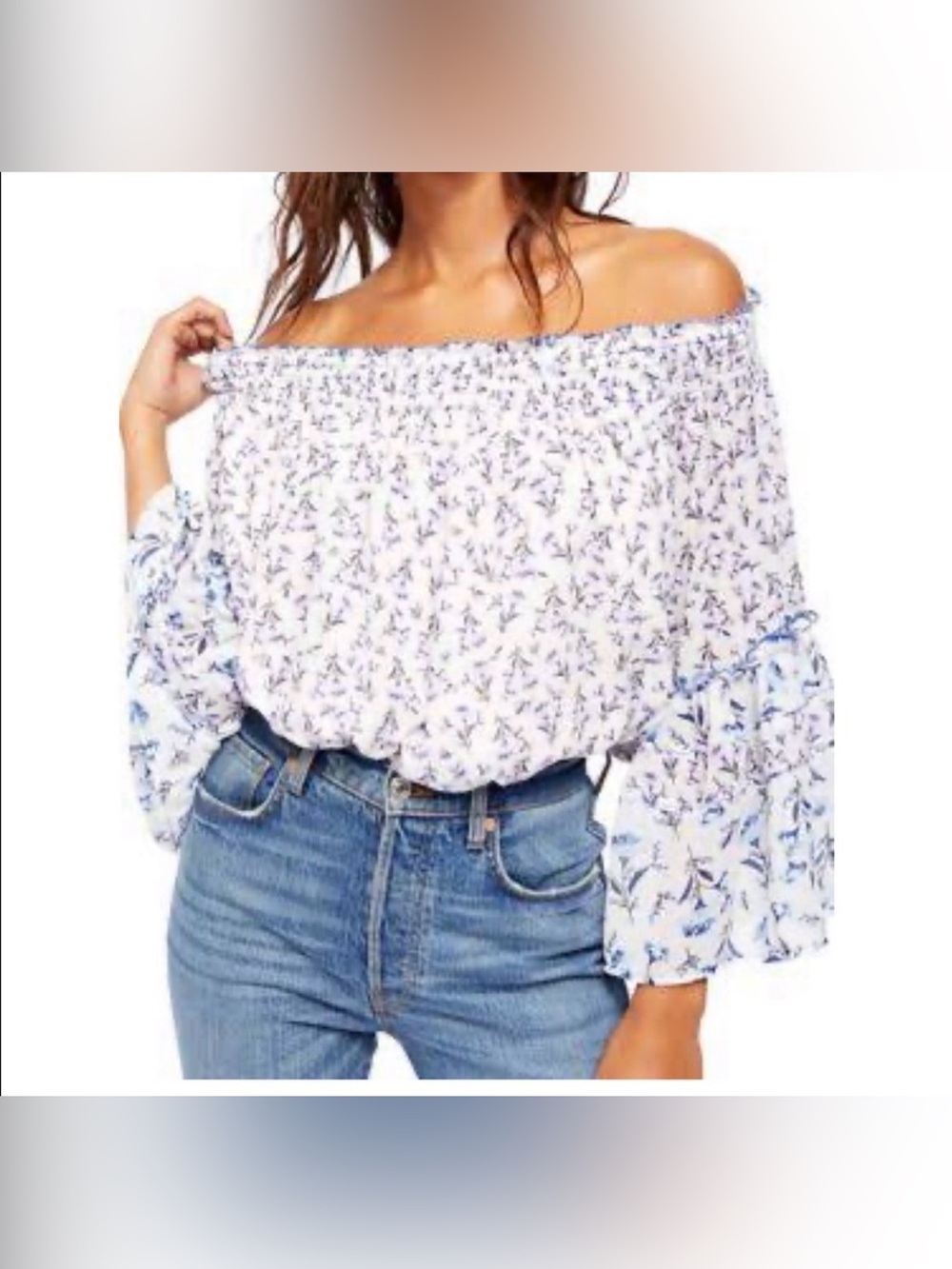Free People Off-Shoulder Floral Blouse - White & Blue size small
